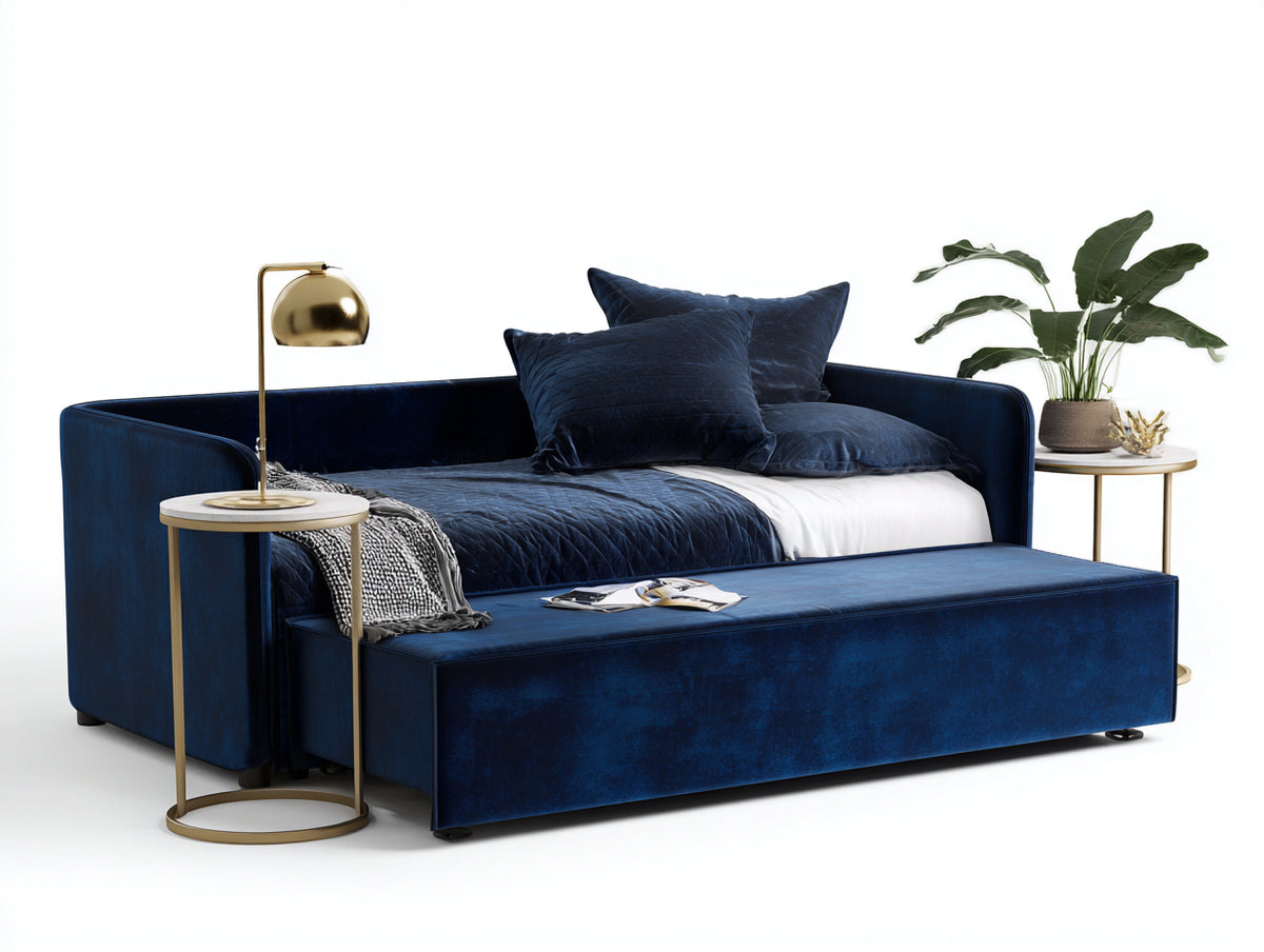 Sofa aus Samt 218×96×85 cm – Marineblau – ausziehbares Unterbett in Tagesbettform für Wohnzimmer