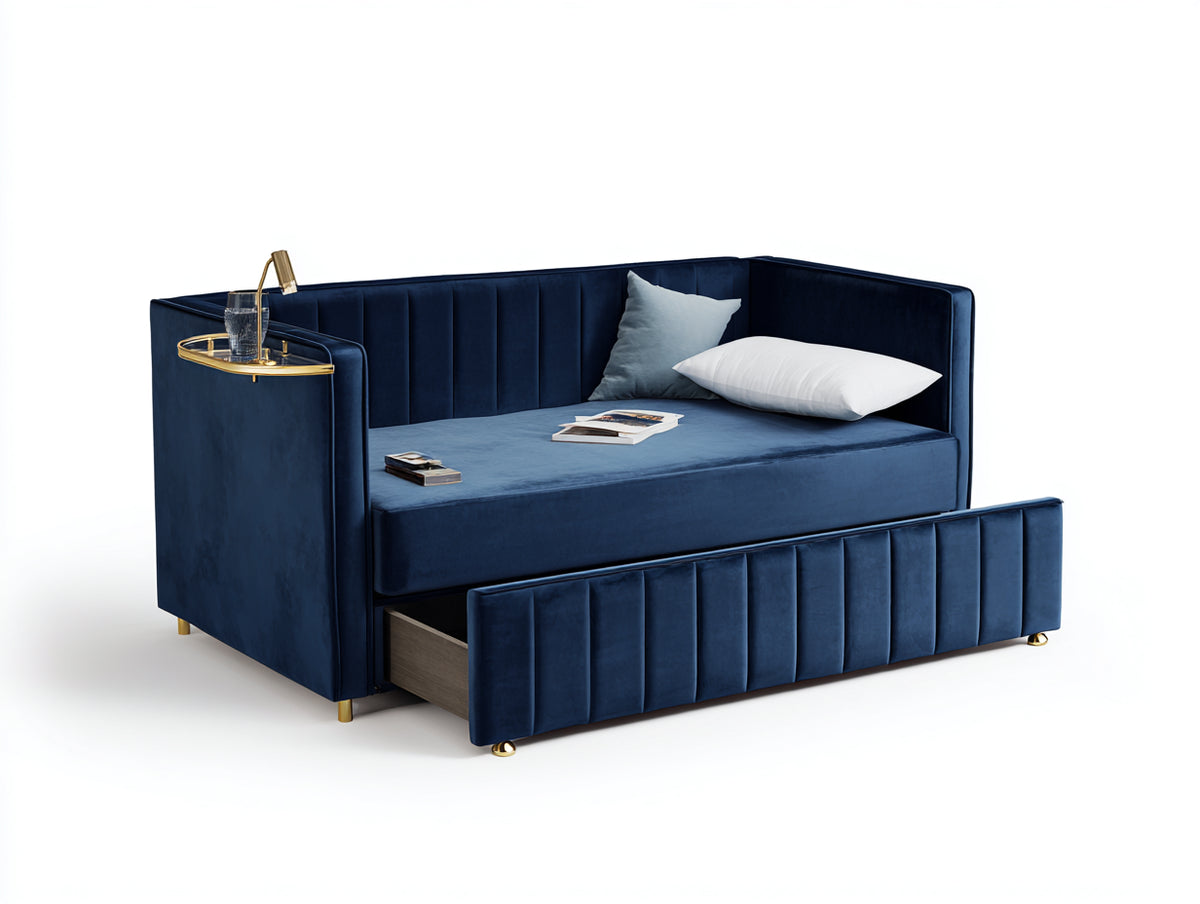 Sofa mit Ausziehbett 200×94×84 cm - Marineblau/Gold - vertikale Steppung und kompakte Schlaffunktion