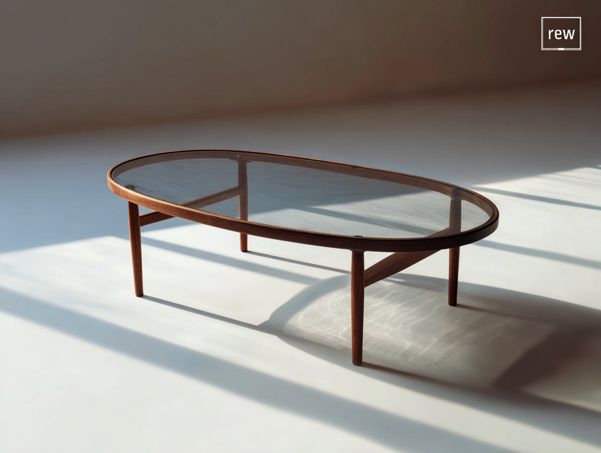 Couchtisch aus Rauchglas und Holz 130×70×42 cm - Rauchgrau/Dunkelbraun - ovale Wohnzimmerform