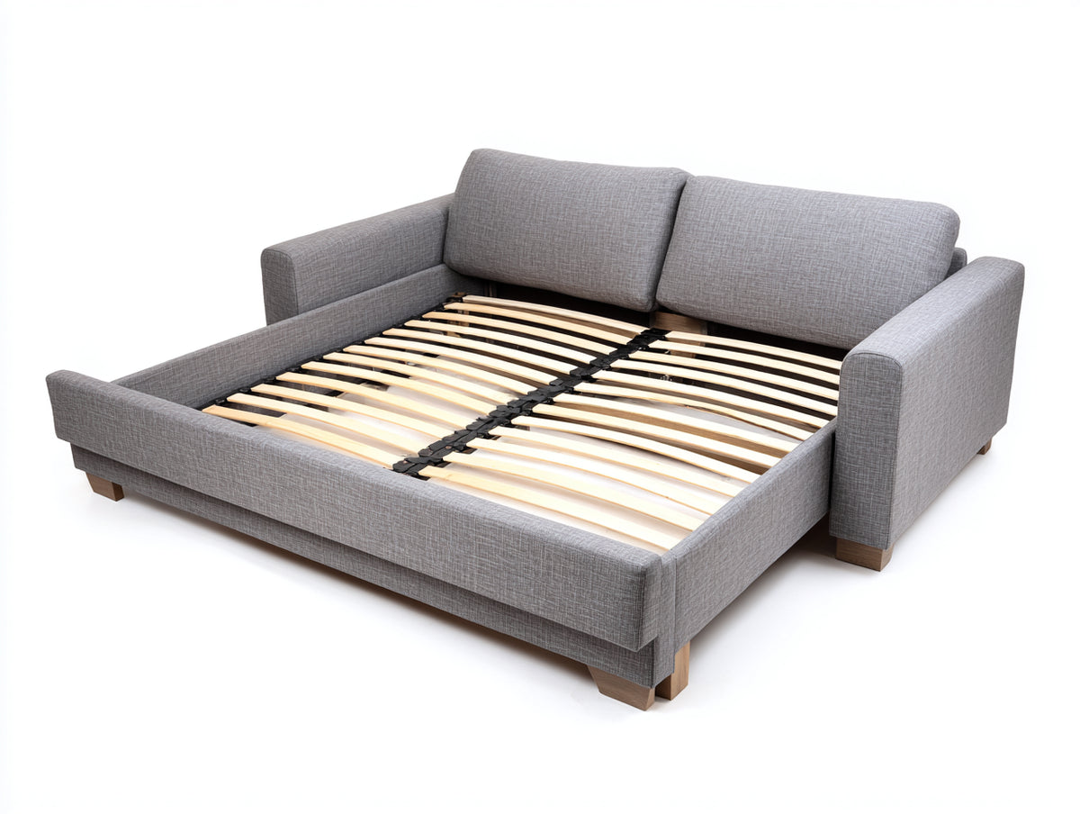 Sofa mit Schlaffunktion aus hellgrauem Webstoff 220×160×88 cm - ausziehbarer Holzlattenrost fürs Wohnzimmer