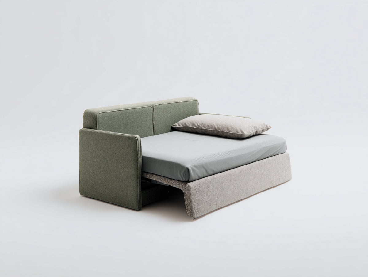 Sofa mit Schlaffunktion aus olivgrünem und hellgrauem Stoff 205×145×85 cm - breite Liegefläche für Wohnzimmer