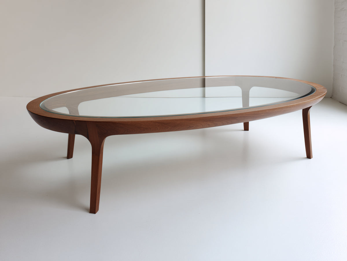 Couchtisch aus Klarglas und Holz 140×75×40 cm - Transparent/Walnussbraun - geschwungener Ovalrahmen